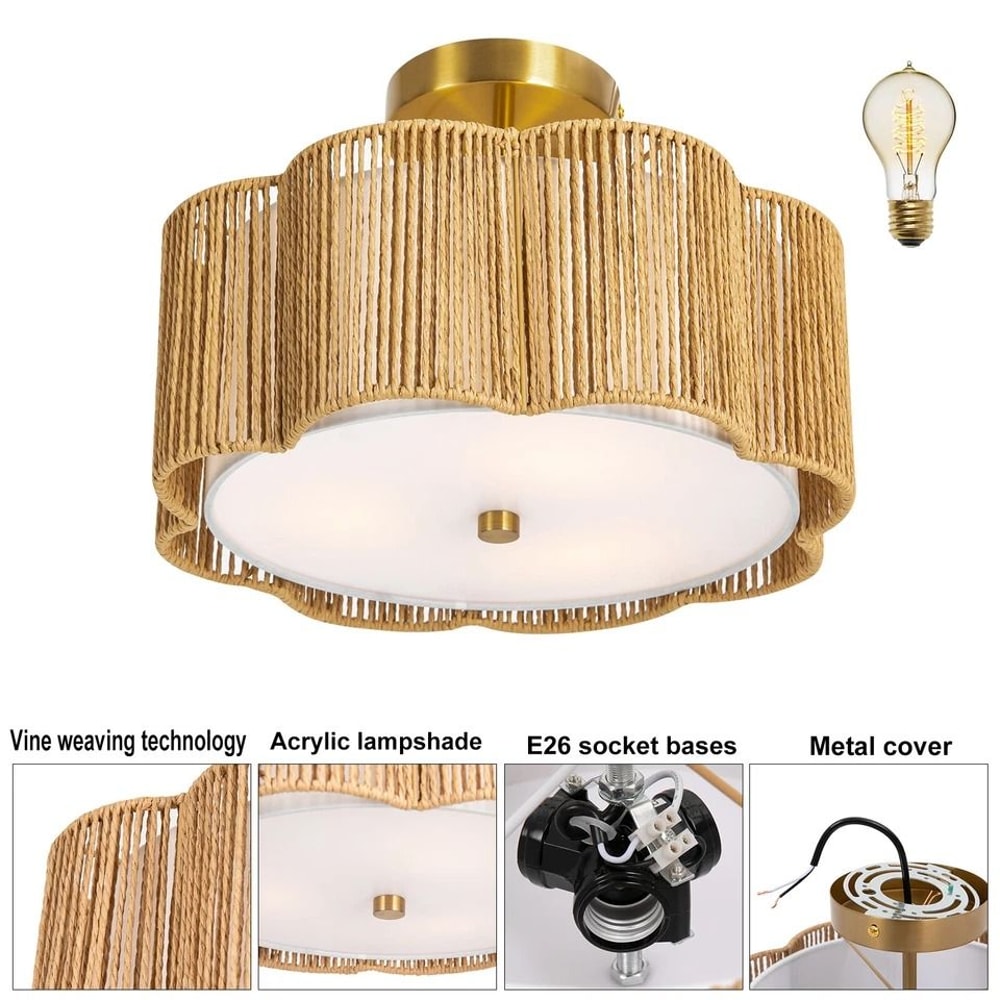 Rustic Rattan Ceiling Light Fixture Boho Flush Mount Chandelier Lamp 5