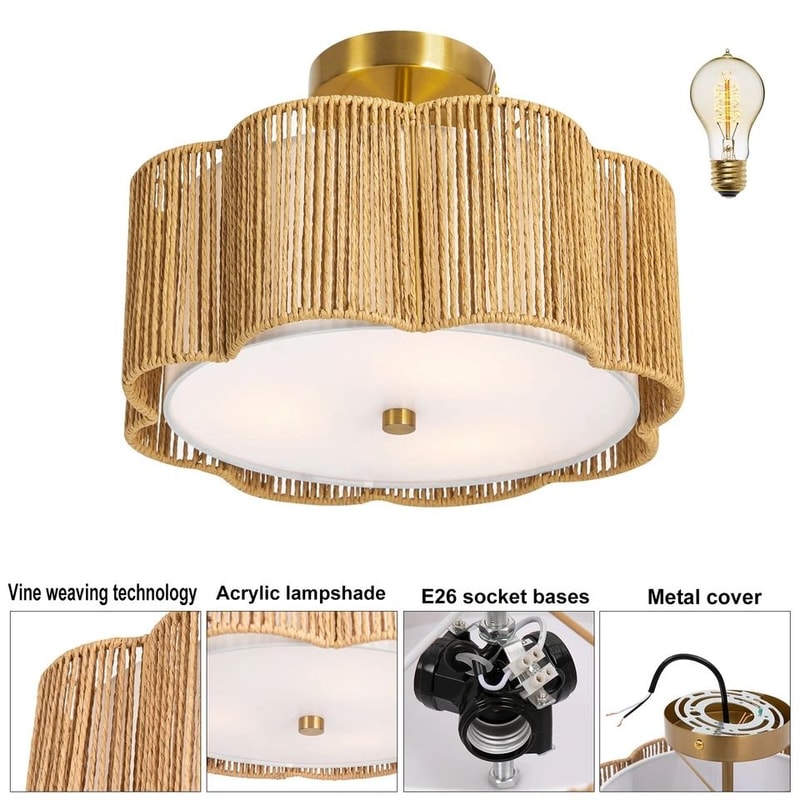Rustic Rattan Ceiling Light Fixture Boho Flush Mount Chandelier Lamp 5