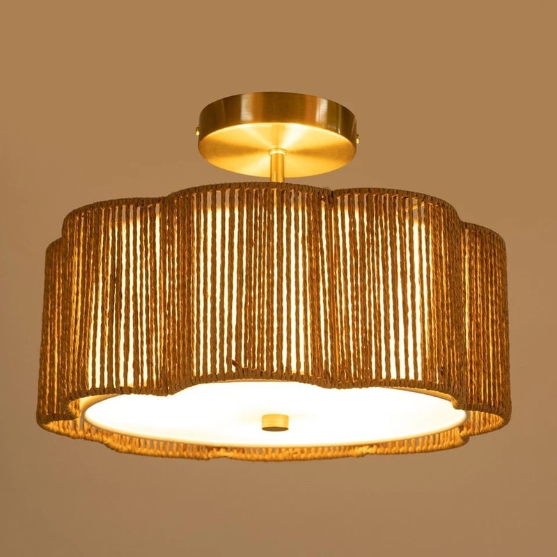 Rustic Rattan Ceiling Light Fixture Boho Flush Mount Chandelier Lamp 6