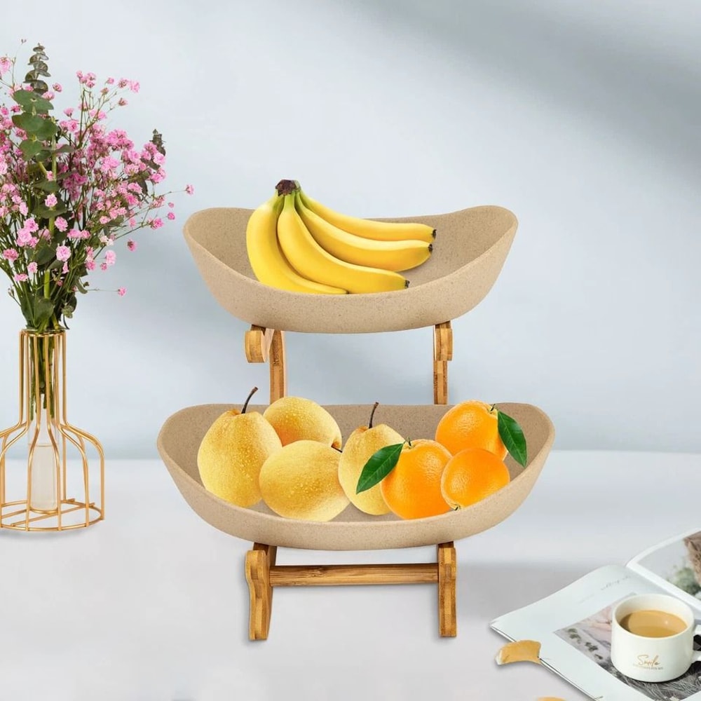 Premium Tier Fruit Basket Bamboo Fruit Bowl Stand Ceramic Fruit Storage Bowl Organizer 2