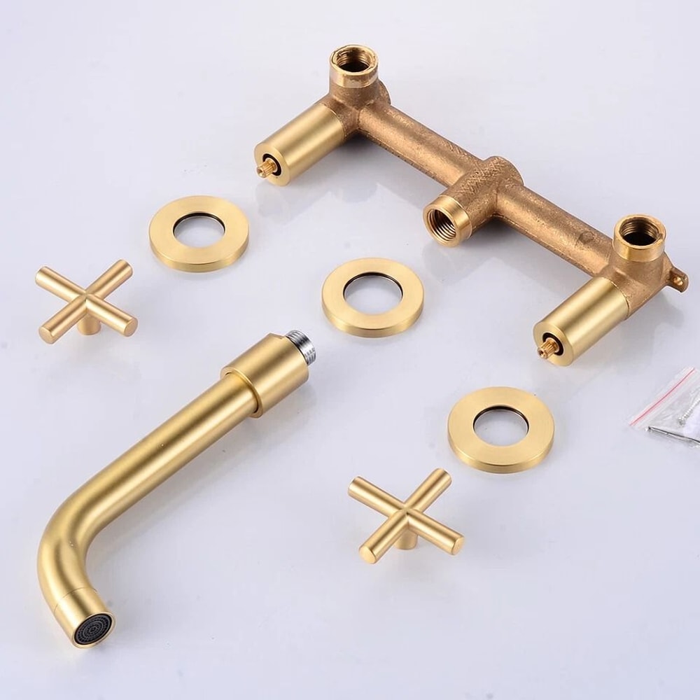 Brushed Gold Wall Mount Bathroom Faucet Handle Brass Mixer Tap 2