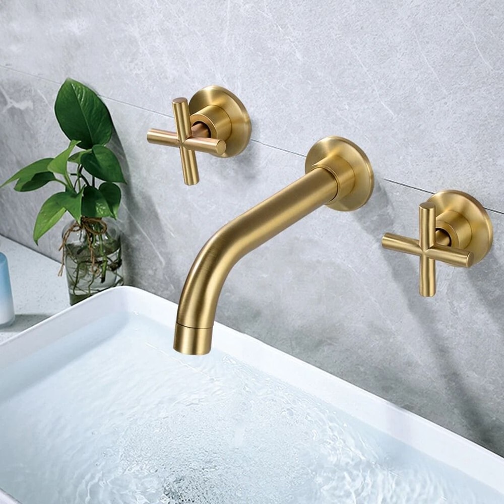 Brushed Gold Wall Mount Bathroom Faucet Handle Brass Mixer Tap 0