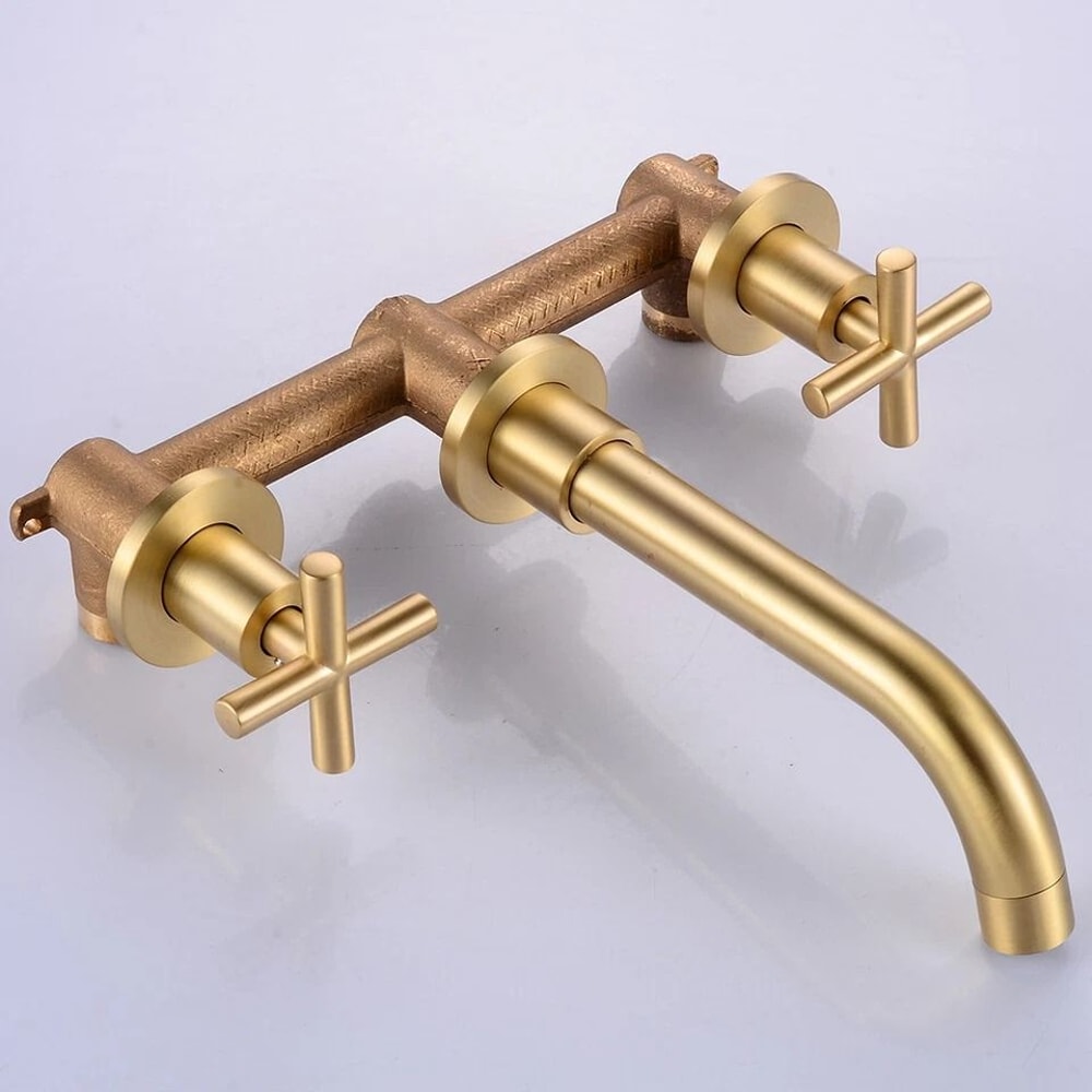 Brushed Gold Wall Mount Bathroom Faucet Handle Brass Mixer Tap 4