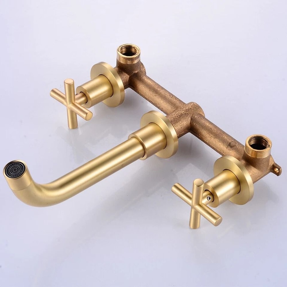 Brushed Gold Wall Mount Bathroom Faucet Handle Brass Mixer Tap 5