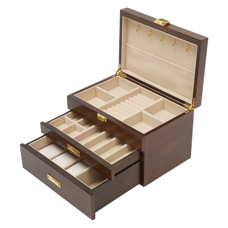Wooden Jewelry Organizer Box With Plush Lined Drawers 0