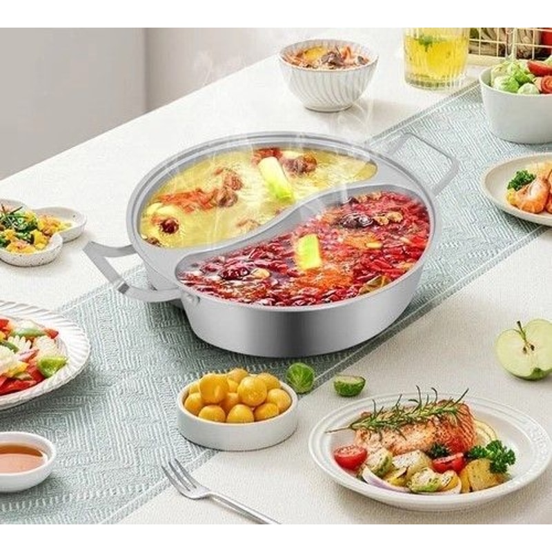 Double Flavor Stainless Steel Hot Pot With Divider Clear Lid Dual Broth Cooking 0