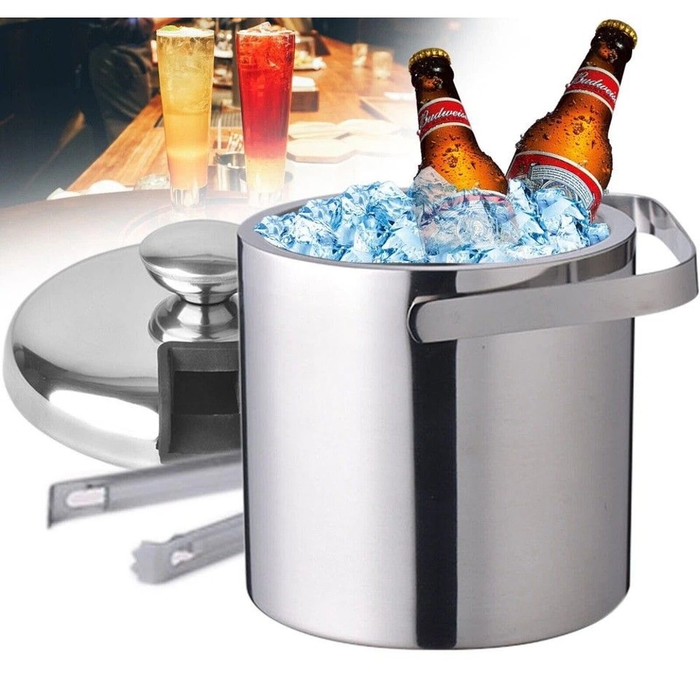 Double Wall Stainless Steel Insulated Ice Bucket With Lid And Tongs 0