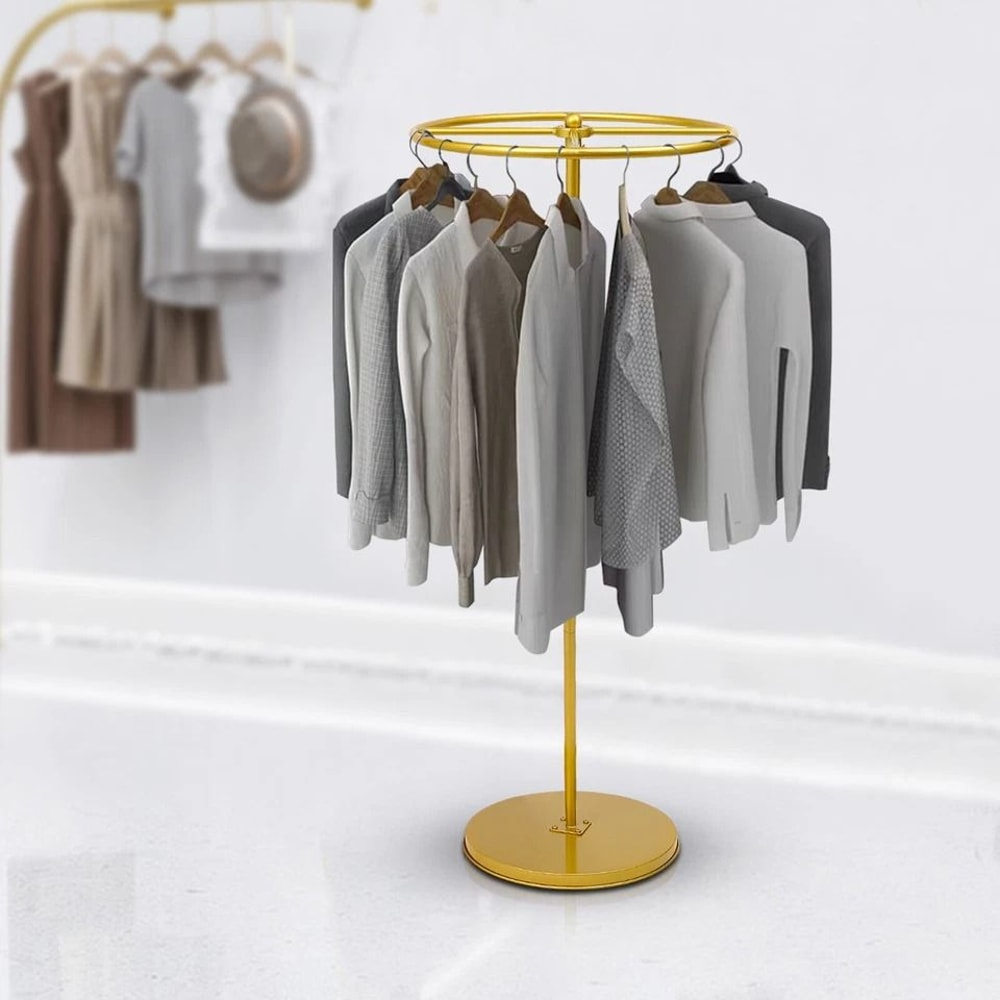 Gold Rotatable Round Garment Rack Floor Standing Adjustable Clothing Display Rack 0