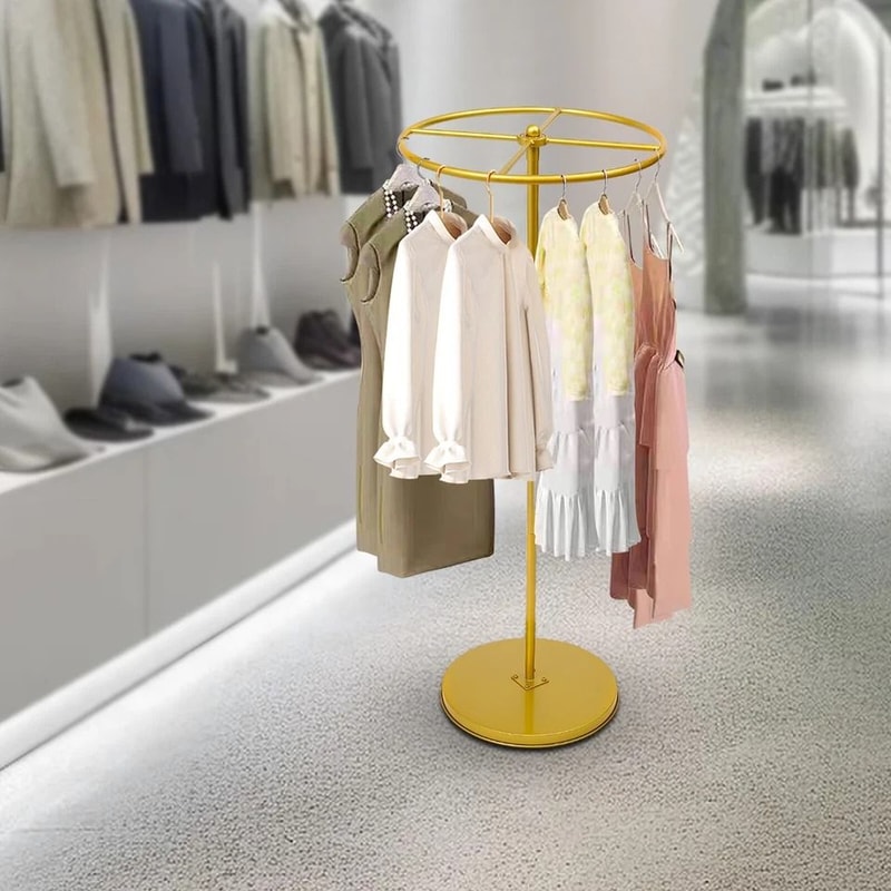 Gold Rotatable Round Garment Rack Floor Standing Adjustable Clothing Display Rack 1