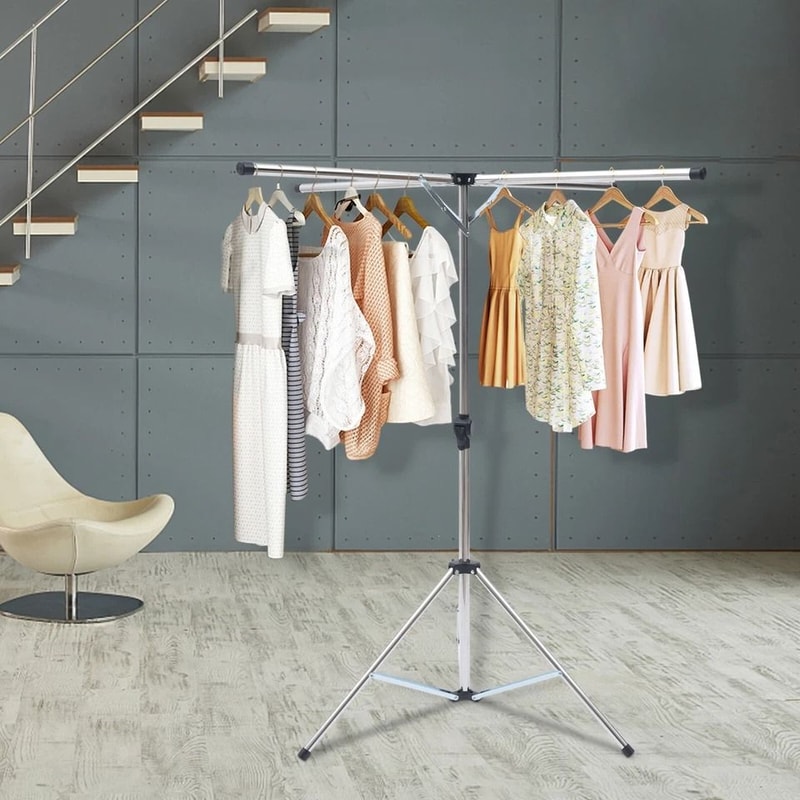 Portable Foldable Clothes Drying Rack Steel Tripod Laundry Hanger Stand For Indoor Outdoor Use 2