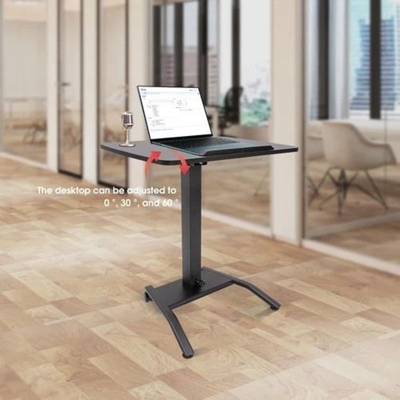Pneumatic Adjustable Standing Desk Mobile Laptop Cart With Tilting Top Cup Holder 1