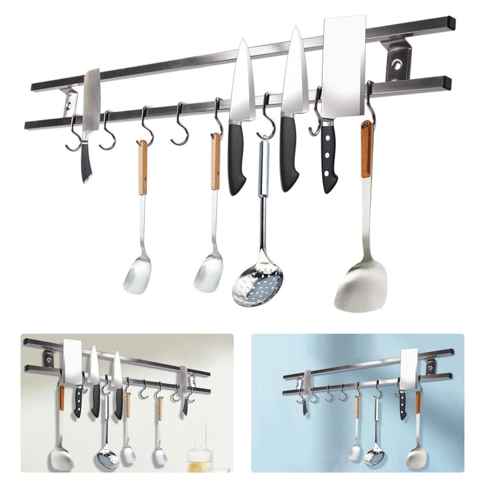 Magnetic Knife Holder With Hooks Wall Mounted Knife Strip Kitchen Organizer 3