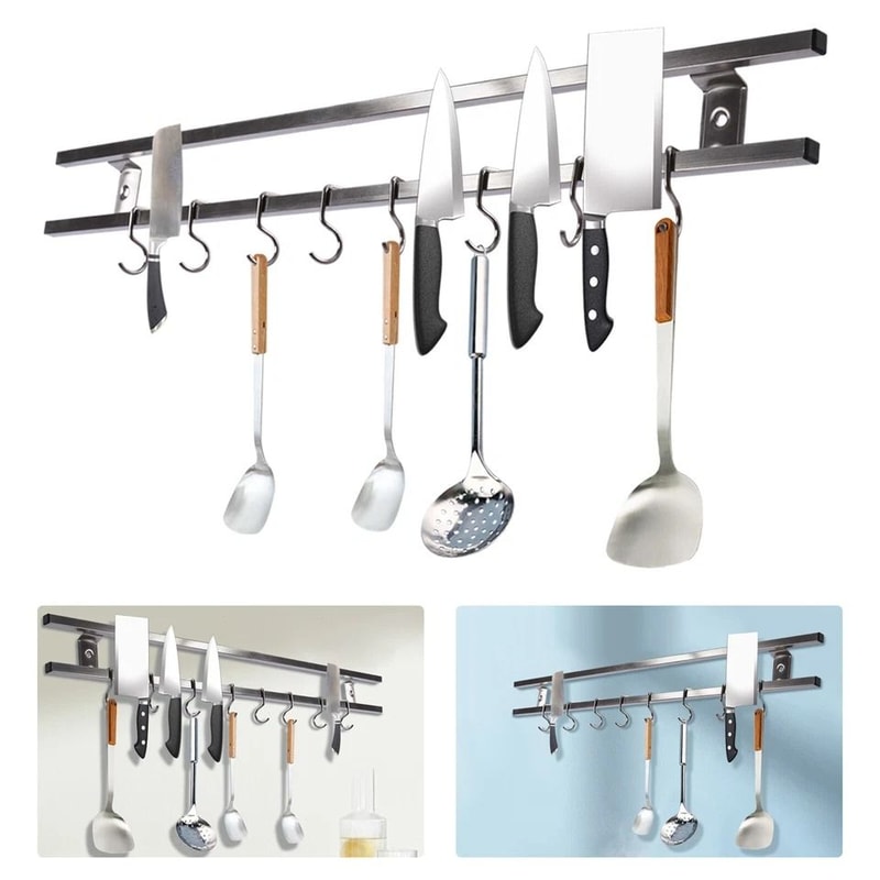 Magnetic Knife Holder With Hooks Wall Mounted Knife Strip Kitchen Organizer 3