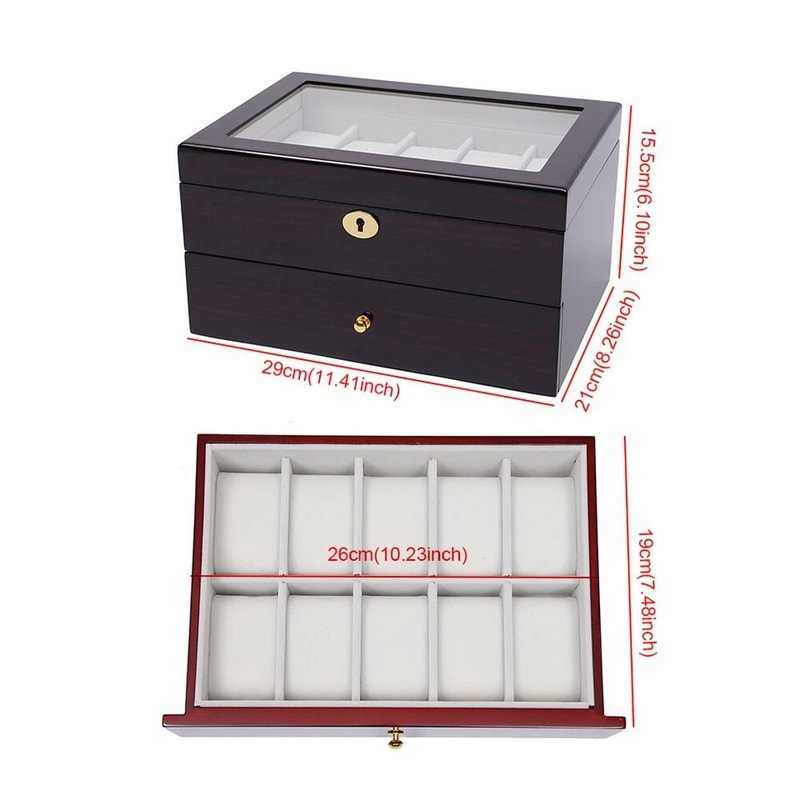 Premium Slot Wood Watch Box With Glass Top Locking Jewelry Storage Organizer 1