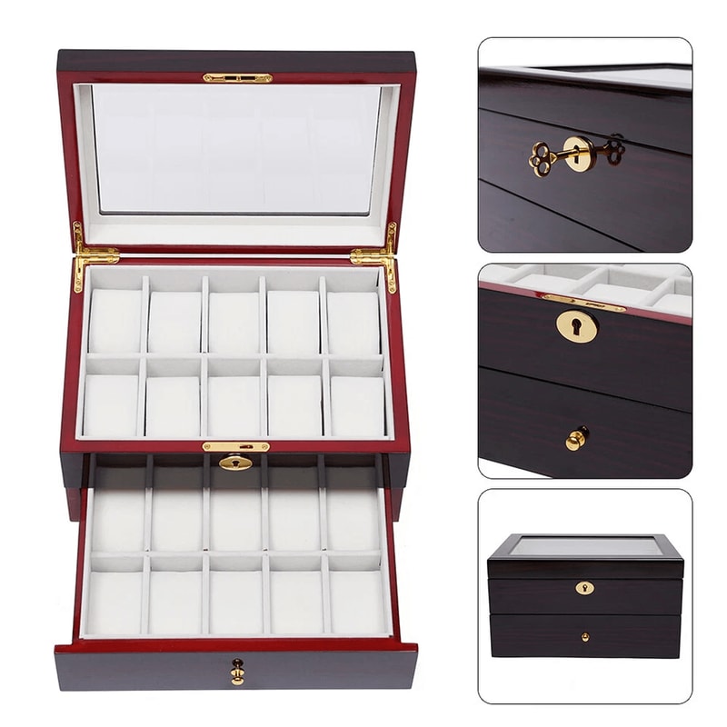 Premium Slot Wood Watch Box With Glass Top Locking Jewelry Storage Organizer 3