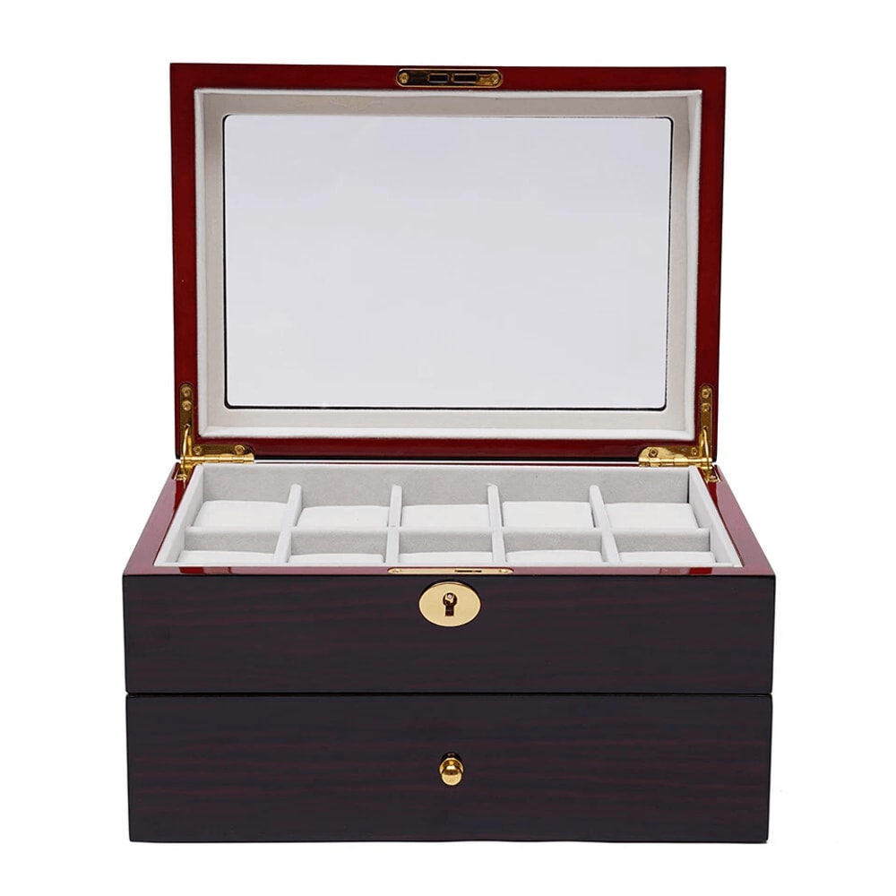 Premium Slot Wood Watch Box With Glass Top Locking Jewelry Storage Organizer 4