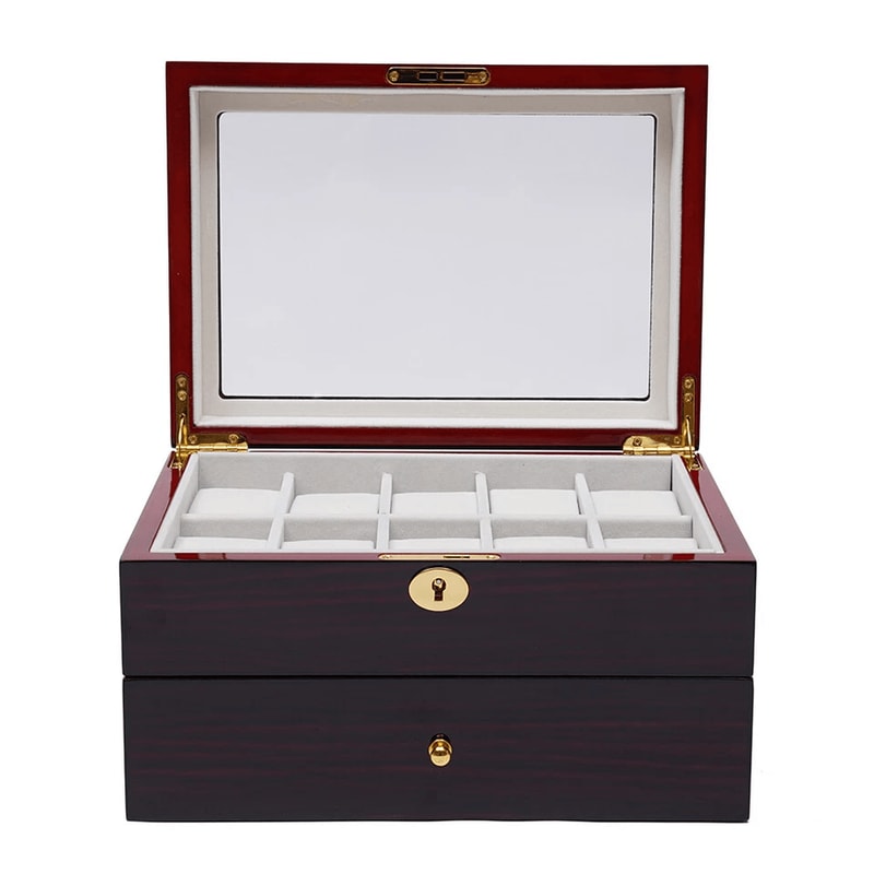 Premium Slot Wood Watch Box With Glass Top Locking Jewelry Storage Organizer 4
