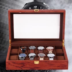 luxury slot wooden watch display box with glass top & jewelry organizer
