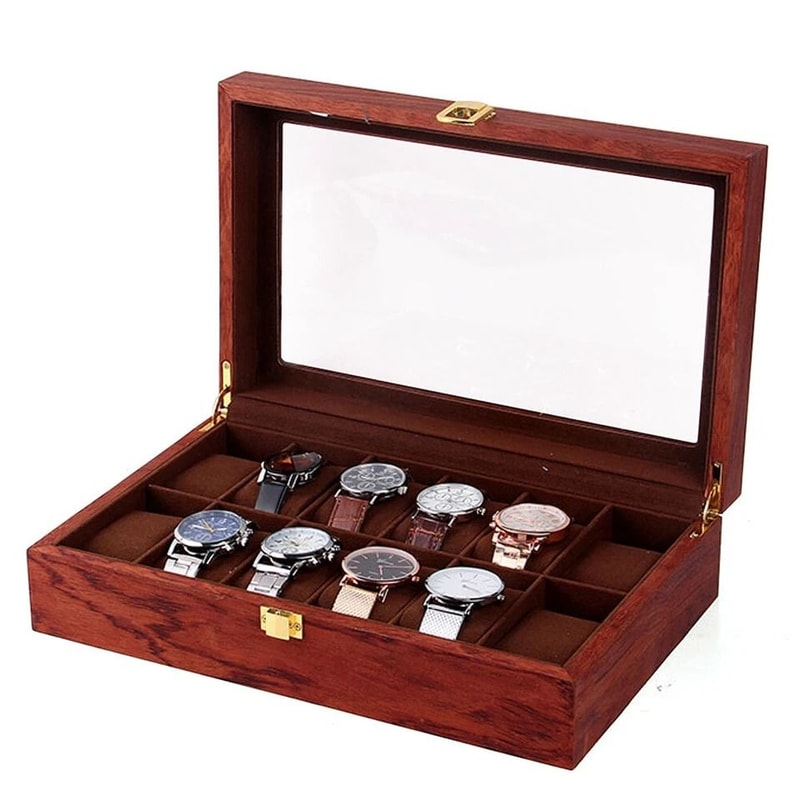 Luxury Slot Wooden Watch Display Box With Glass Top Jewelry Organizer 5