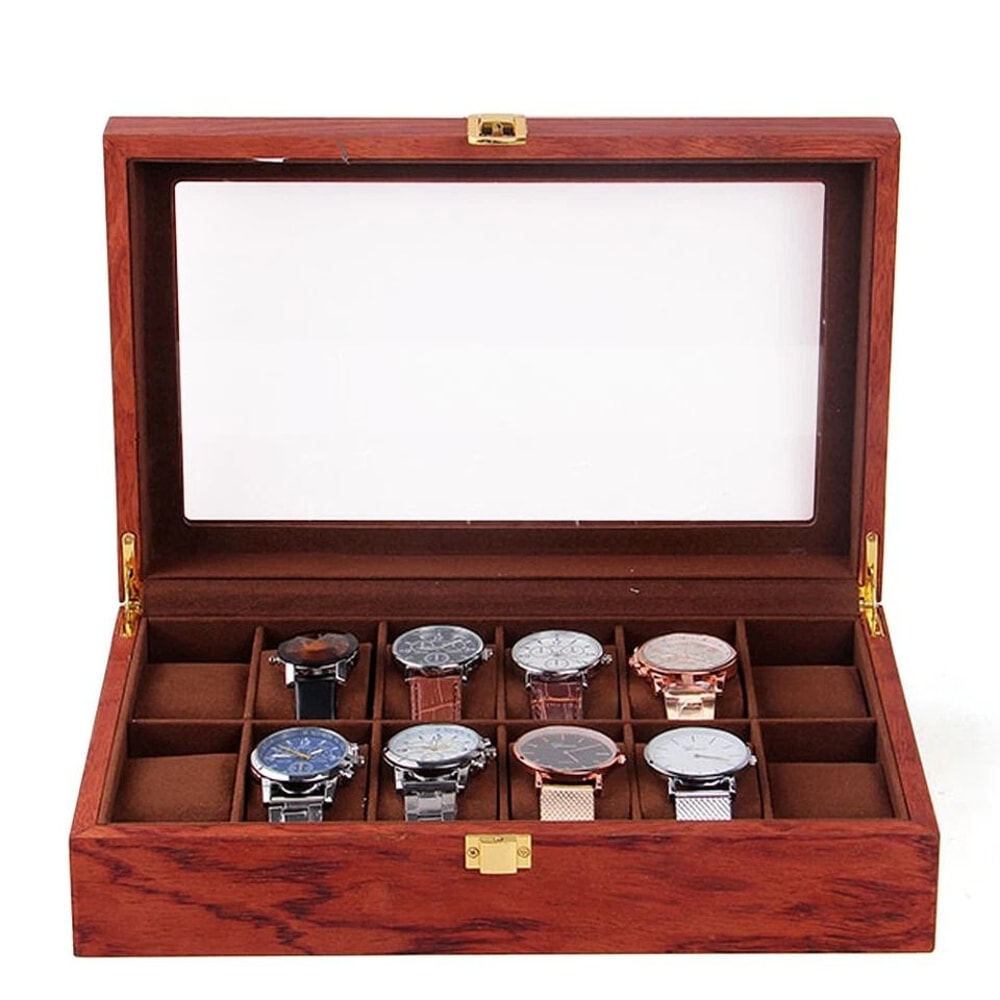 Luxury Slot Wooden Watch Display Box With Glass Top Jewelry Organizer 6