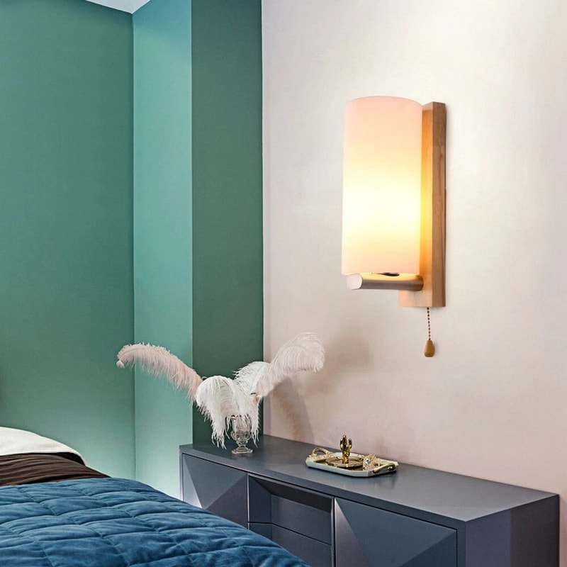 Modern Wooden Glass Wall Sconce Lamp For Bedroom Living Room 8
