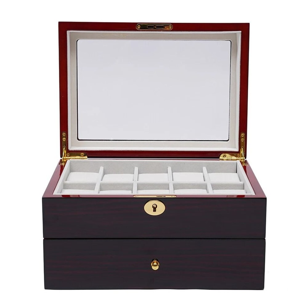 Premium Slot Wood Watch Box With Glass Top Lock Elegant Watch Storage Organizer 1