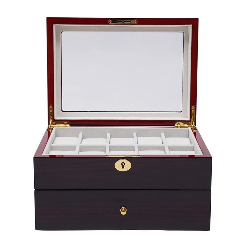 Premium Slot Wood Watch Box With Glass Top Lock Elegant Watch Storage Organizer 1