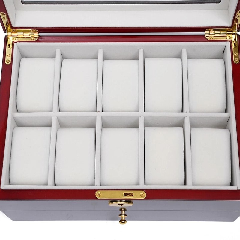 Premium Slot Wood Watch Box With Glass Top Lock Elegant Watch Storage Organizer 3