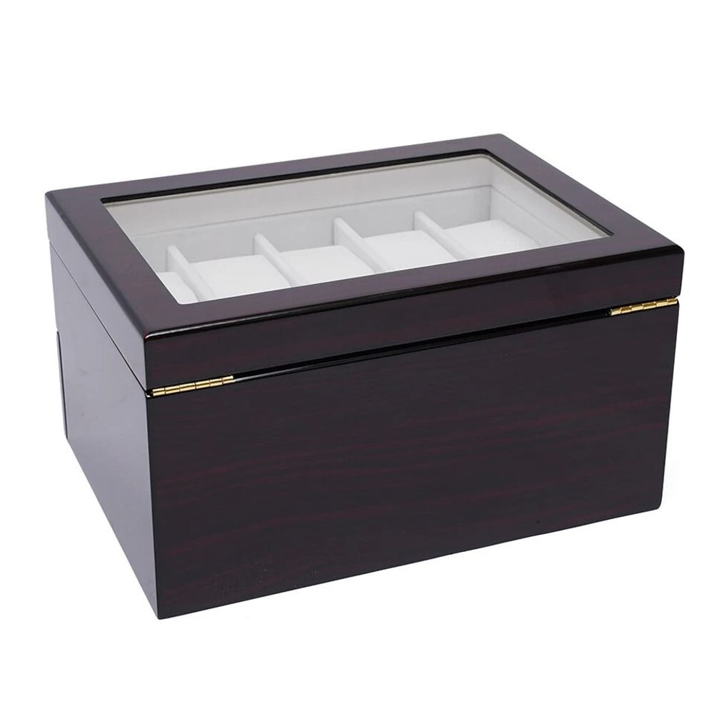Premium Slot Wood Watch Box With Glass Top Lock Elegant Watch Storage Organizer 4