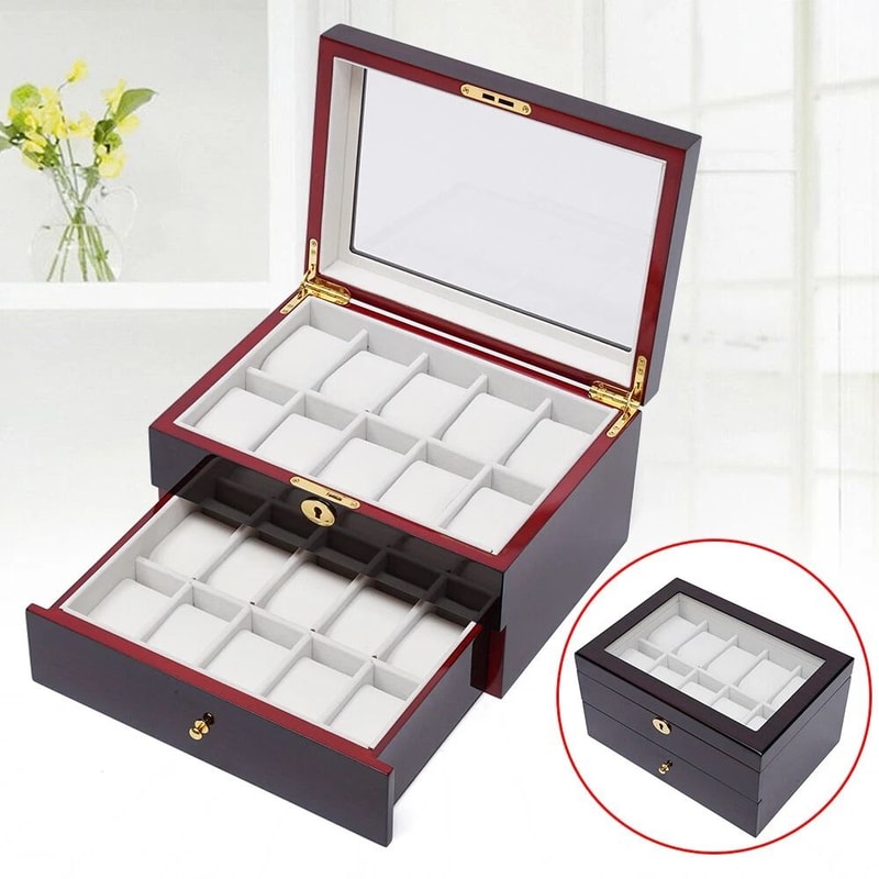 Premium Slot Wood Watch Box With Glass Top Lock Elegant Watch Storage Organizer 0