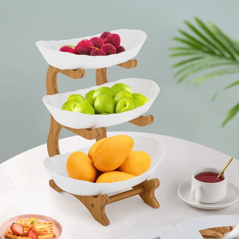 Premium Tier Bamboo Fruit Bowl Stand Elegant Kitchen Countertop Snack Dessert Organizer 7