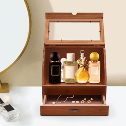 premium wooden perfume & jewelry organizer display stand with drawer elegant vanity storage solution