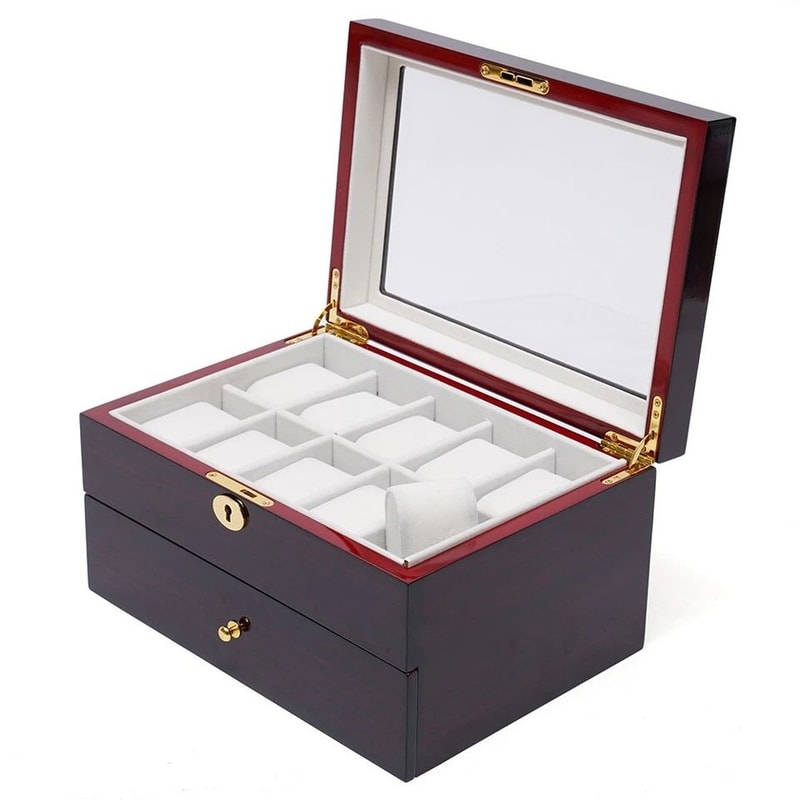 Premium Slot Wood Watch Display Case With Glass Top Lock Elegant Watch Storage Organizer 0