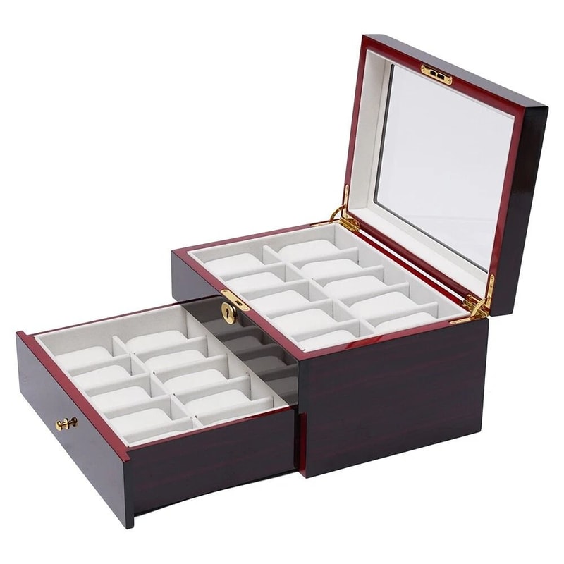 Premium Slot Wood Watch Display Case With Glass Top Lock Elegant Watch Storage Organizer 4