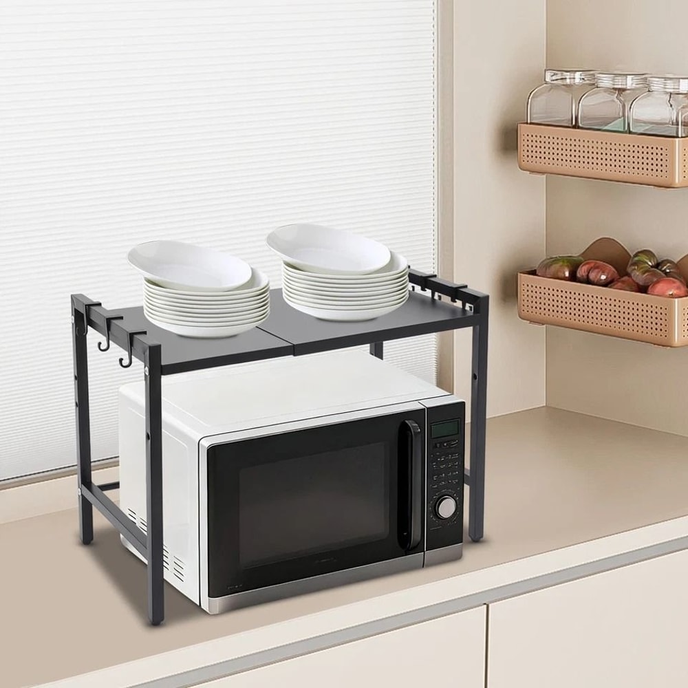 Adjustable Microwave Stand Kitchen Countertop Organizer With Hooks 0
