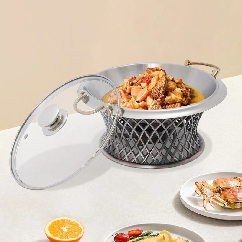 Premium Round Chafing Dish Buffet Catering Server Stainless Steel With Glass Lid Fuel Holder 2