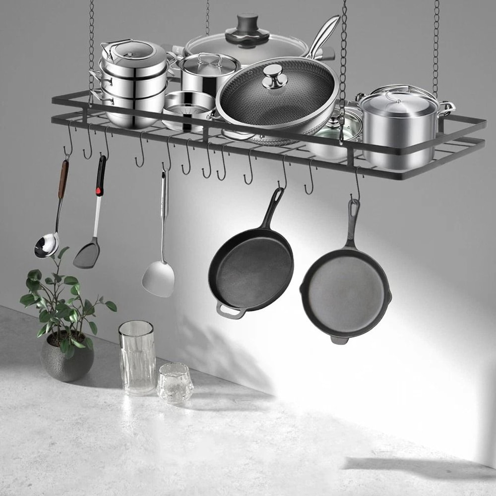 Premium Ceiling Pot Rack With Hooks Black Kitchen Storage Rack 0