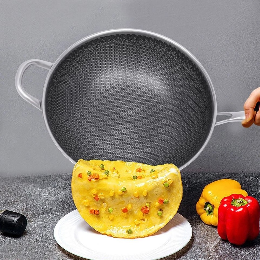 Premium Double Sided Honeycomb Non Stick Stainless Steel Wok Pan With Lid Induction Gas Compatible 2