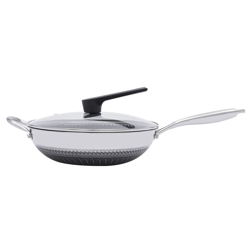 Premium Double Sided Honeycomb Non Stick Stainless Steel Wok Pan With Lid Induction Gas Compatible 3