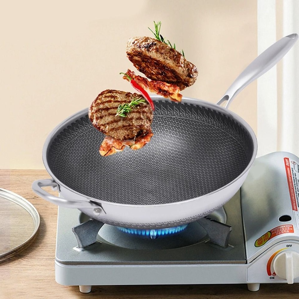 Premium Double Sided Honeycomb Non Stick Stainless Steel Wok Pan With Lid Induction Gas Compatible 8