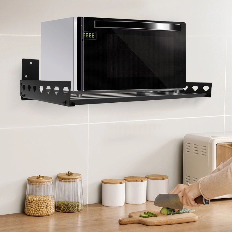 Premium Stainless Steel Microwave Wall Mount Shelf Kitchen Storage Rack With Hooks 0