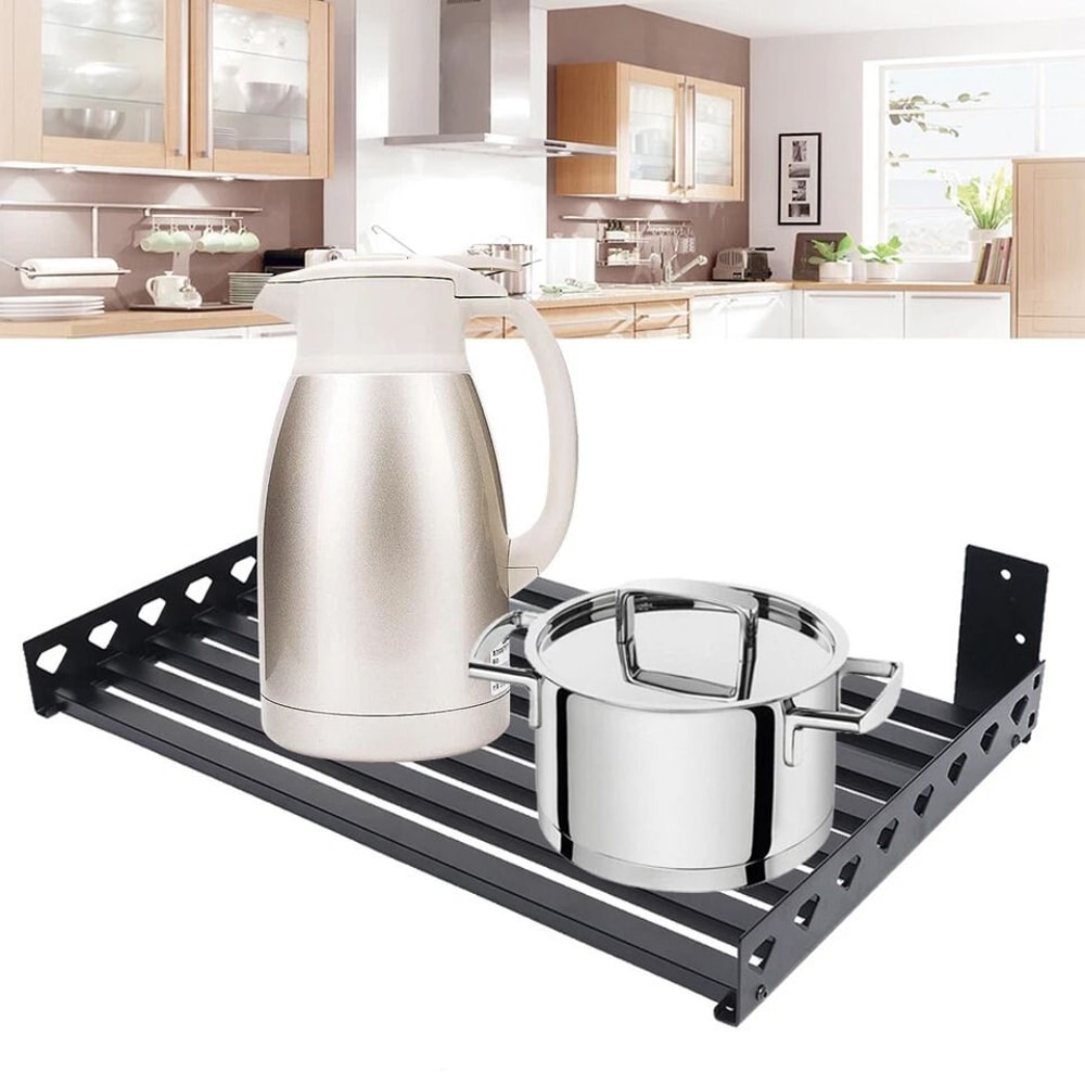 Premium Stainless Steel Microwave Wall Mount Shelf Kitchen Storage Rack With Hooks 1