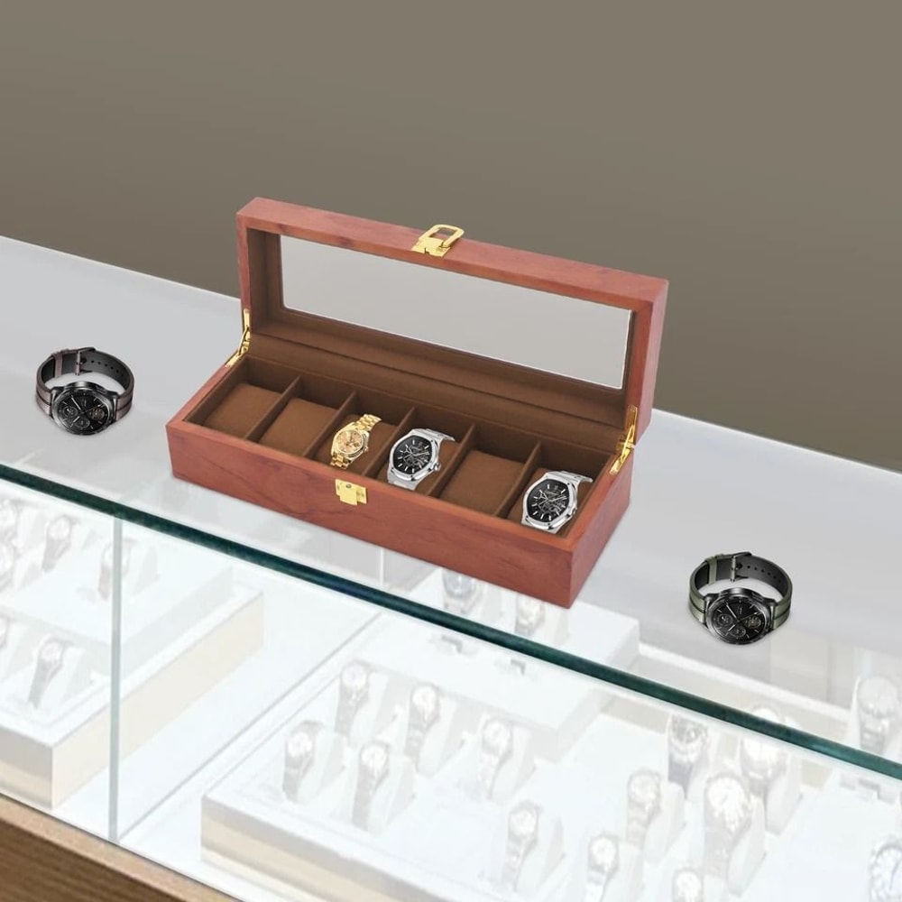 Slot Brown Watch Box With Glass Lid Watch Display Case Organizer 0