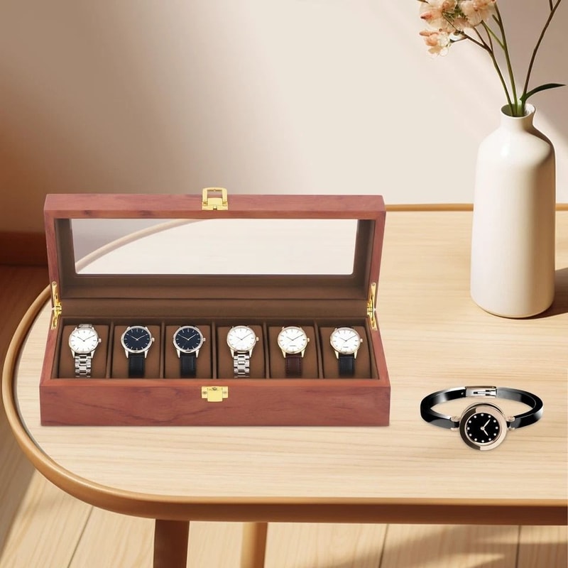 Slot Brown Watch Box With Glass Lid Watch Display Case Organizer 1