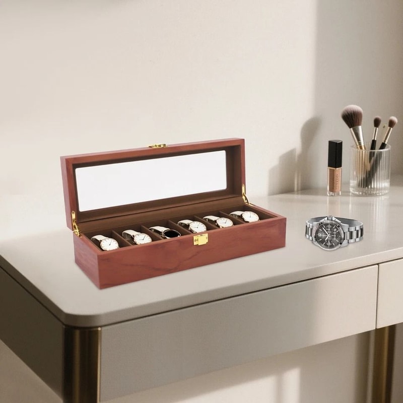 Slot Brown Watch Box With Glass Lid Watch Display Case Organizer 3