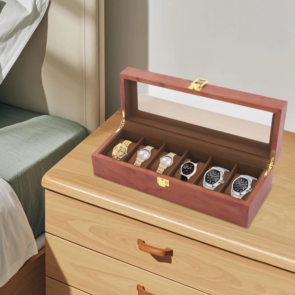 Slot Brown Watch Box With Glass Lid Watch Display Case Organizer 6