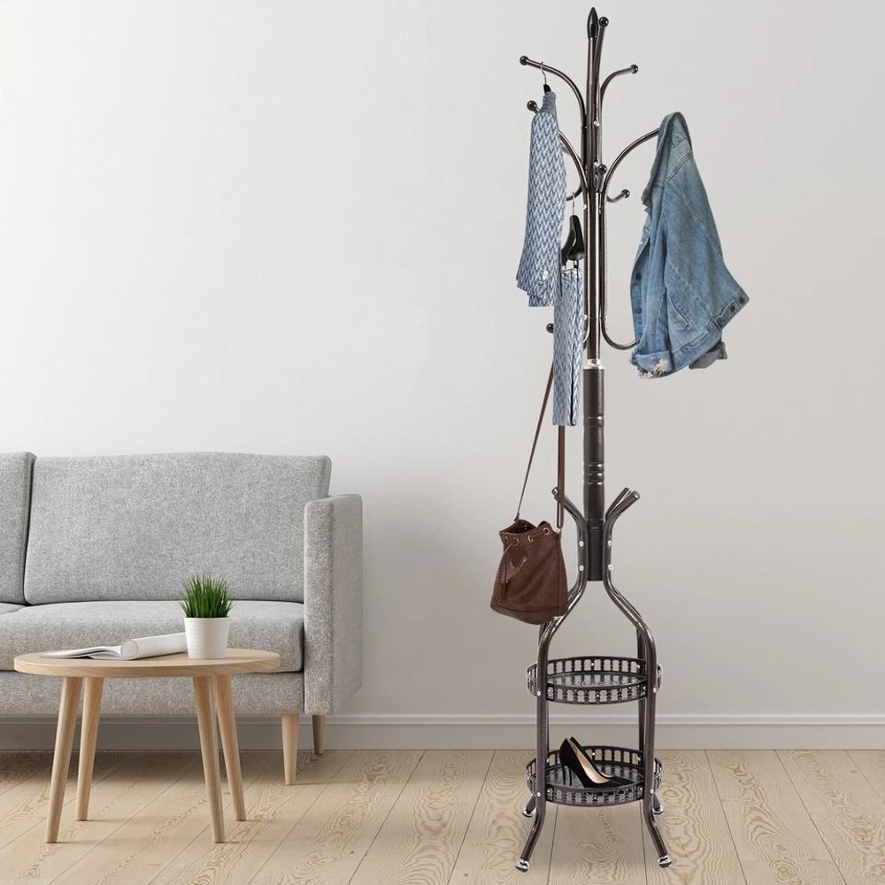 Freestanding Coat Rack Stand With Hat Bag Hooks And Space Saving Storage 5