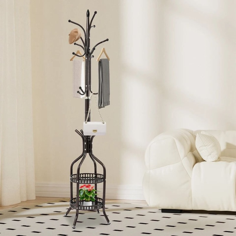 Freestanding Coat Rack Stand With Hat Bag Hooks And Space Saving Storage 6