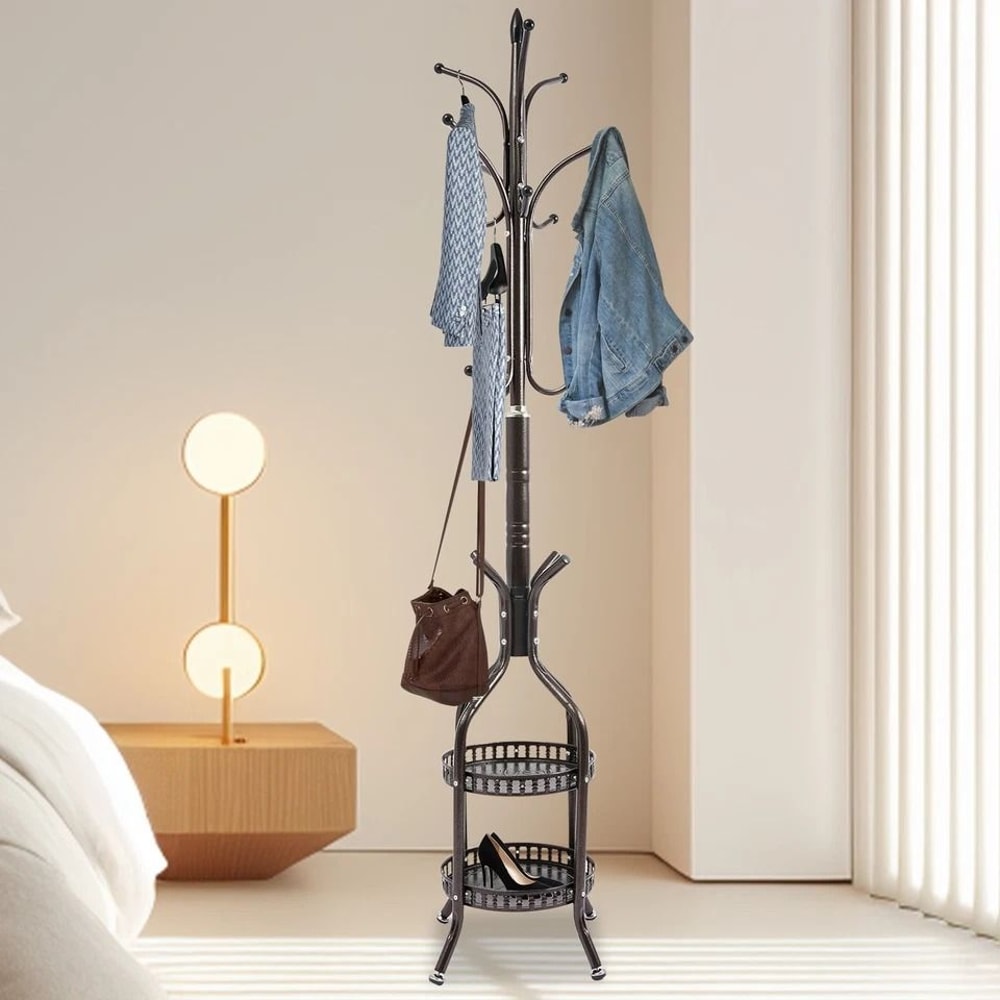Freestanding Coat Rack Stand With Hat Bag Hooks And Space Saving Storage 7