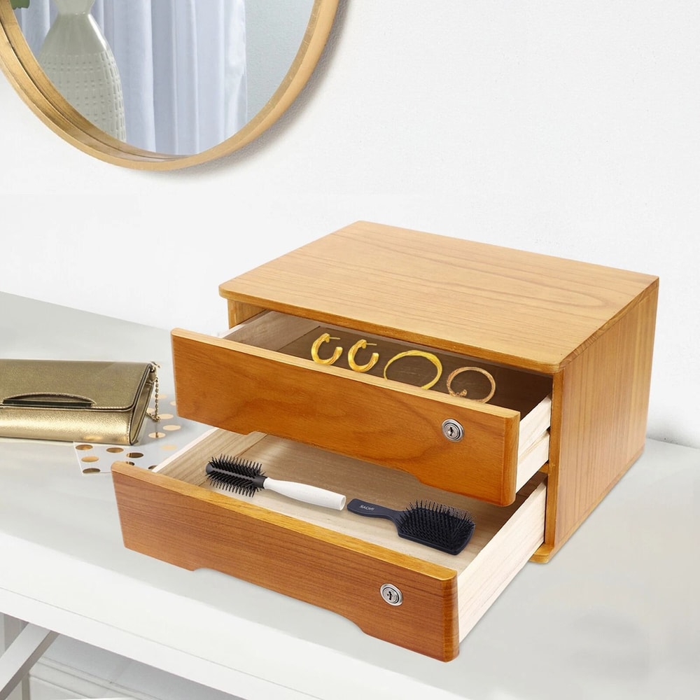 Lockable Tier Desk Organizer Wooden Desktop Storage Drawer For Home Office 0